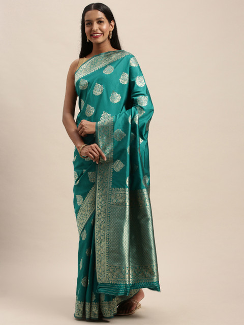 

PACHE Teal Green & Gold-Toned Art Silk Woven Design Banarasi Saree