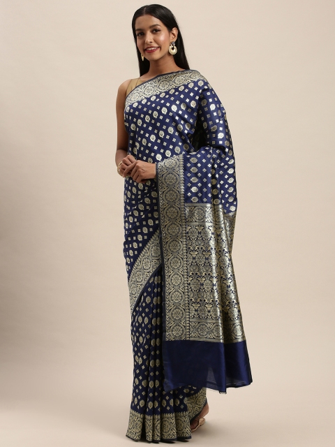 

PACHE Navy Blue & Gold-Coloured Art Silk Woven Design Banarasi Celebrity Saree