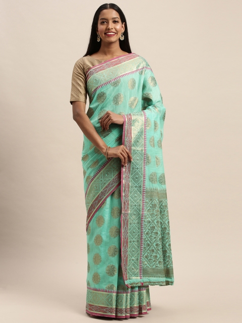 

PACHE Sea Green & Gold-Toned Art Silk Woven Design Banarasi Saree