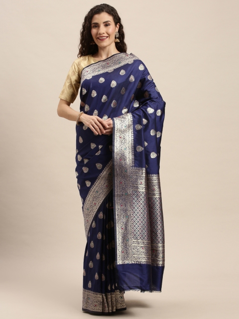 

PACHE Navy Blue & Silver-Toned Art Silk Woven Design Banarasi Saree