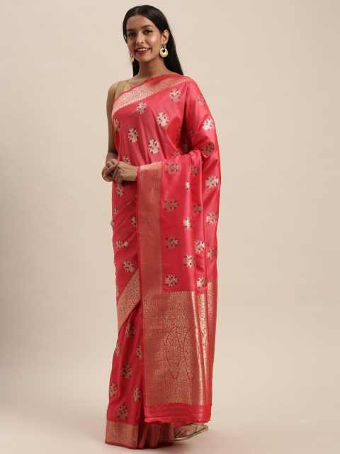 

PACHE Coral Pink & Gold-Toned Art Silk Woven Design Banarasi Saree