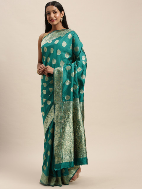 

PACHE Teal Green & Gold-Toned Art Silk Woven Design Banarasi Saree