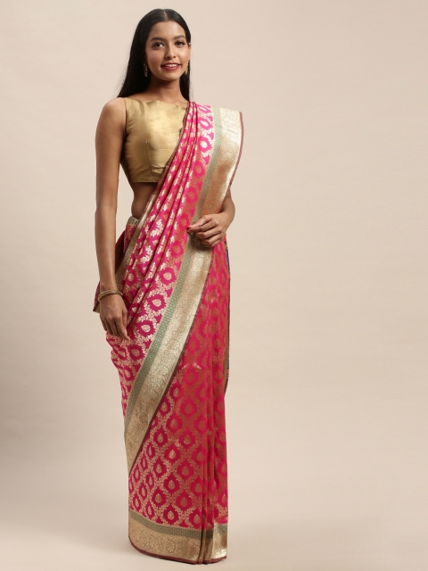 

PACHE Pink & Gold-Toned Art Silk Woven Design Banarasi Saree