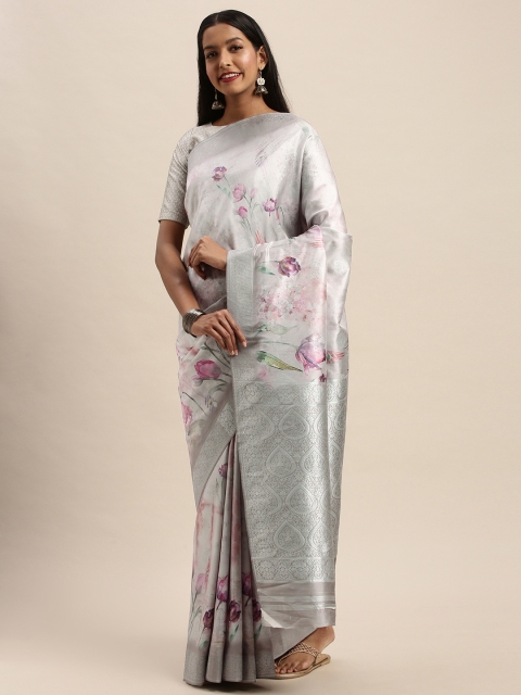 

PACHE Grey & Pink Art Silk Floral Printed Banarasi Saree