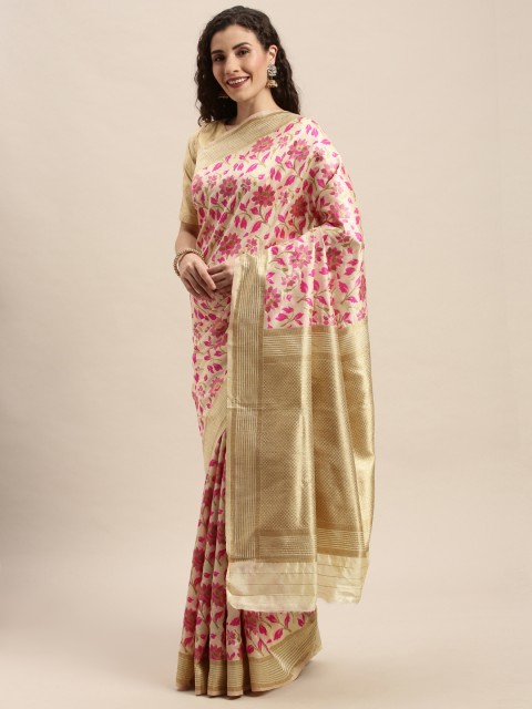 

PACHE Cream-Coloured & Pink Art Silk Woven Design Banarasi Saree