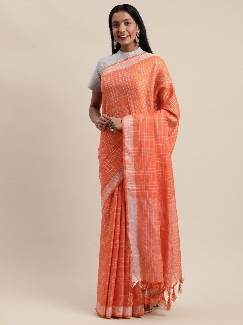 

Mitera Orange & White Linen Blend Checked Banarasi Saree