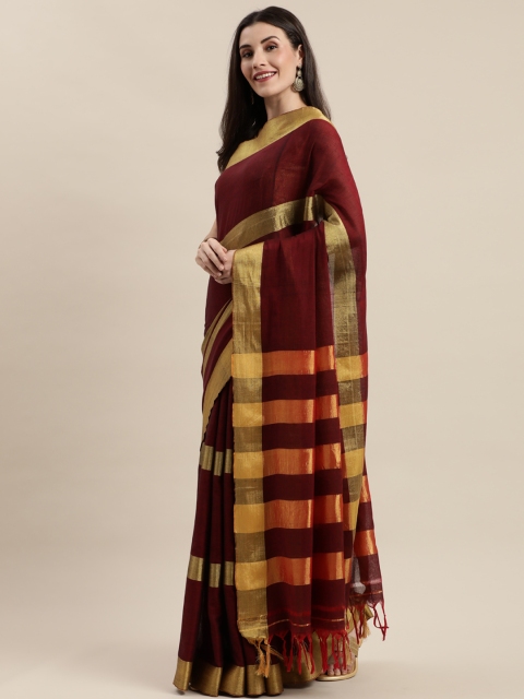 

Mitera Maroon & Golden Cotton Blend Striped Banarasi Saree