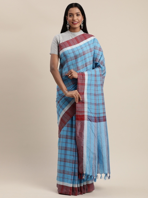 

Mitera Blue & Brown Linen Blend Checked Banarasi Saree