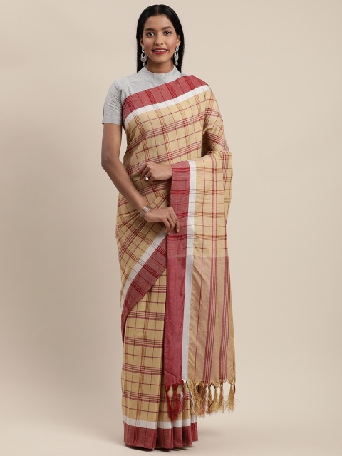 

Mitera Beige & Maroon Linen Blend Checked Banarasi Saree