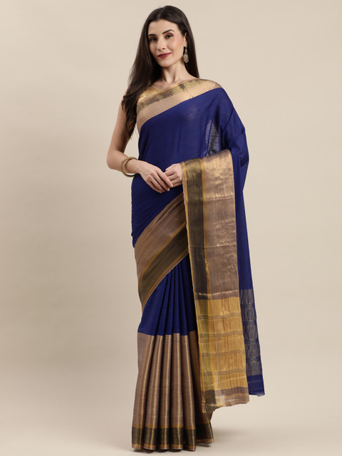 

Mitera Navy Blue & Golden Cotton Blend Colourblocked Banarasi Saree