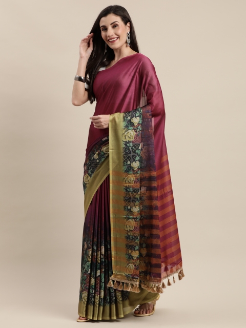 

Mitera Magenta & Green Cotton Blend Printed Banarasi Saree