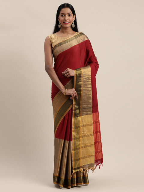 

Mitera Red & Gold-Toned Cotton Blend Woven Design Banarasi Saree