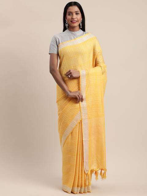 

Mitera Yellow & White Linen Blend Checked Banarasi Saree