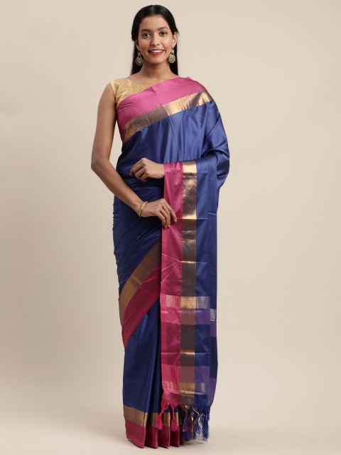 

Mitera Navy Blue & Pink Silk Cotton Woven Design Banarasi Saree