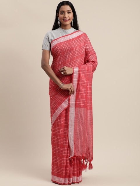 

Mitera Red & White Linen Blend Checked Banarasi Saree