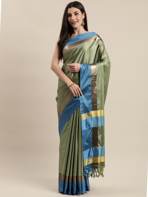 

Mitera Olive Green & Blue Silk Cotton Solid Banarasi Saree