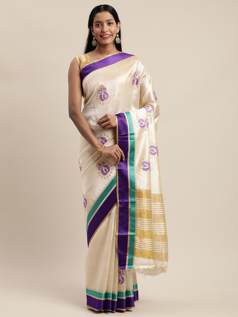 

Mitera White & Blue Cotton Blend Woven Design Banarasi Saree