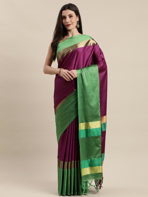 

Mitera Magenta Pink & Green Silk Cotton Solid Banarasi Saree