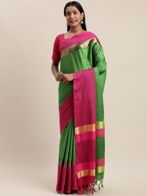 

Mitera Pink & Green Silk Cotton Solid Banarasi Saree
