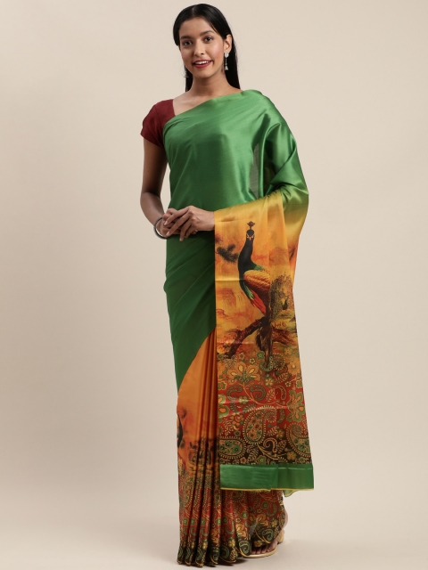 

Mitera Green & Beige Silk Cotton Printed Banarasi Saree