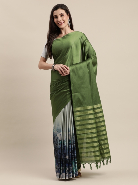 

Mitera Olive Green & White Silk Cotton Printed Banarasi Saree