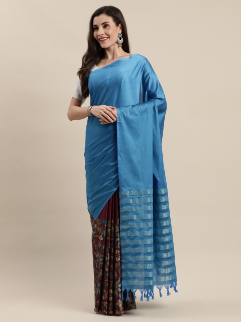 

Mitera Brown & Blue Silk Cotton Printed Banarasi Saree