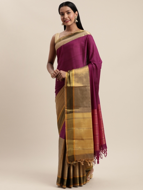 

Mitera Magenta & Beige Cotton Blend Solid Banarasi Saree