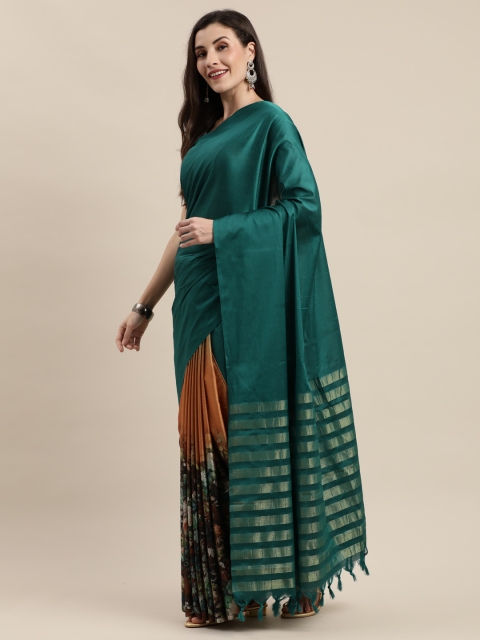 

Mitera Yellow & Green Cotton Blend Printed Banarasi Saree