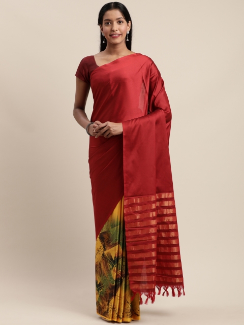 

Mitera Red & Mustard Silk Cotton Solid Banarasi Saree