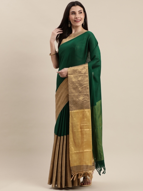 

Mitera Green & Golden Cotton Blend Colourblocked Banarasi Saree