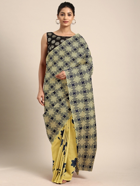 

KALINI Yellow & Navy Blue Poly Georgette Printed Half & Half Saree