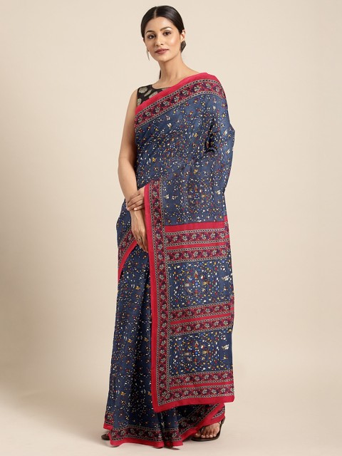 

KALINI Navy Blue Printed Cotton Blend Saree