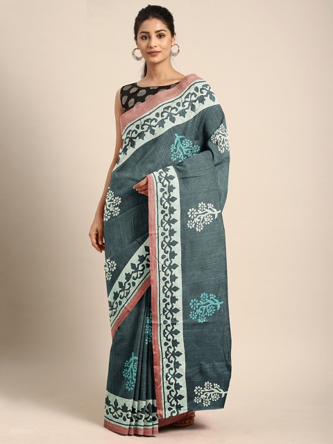 

KALINI Teal & White Cotton Blend Printed Saree