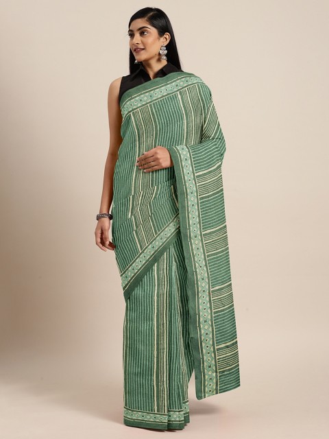 

KALINI Green & Beige Cotton Blend Striped Saree