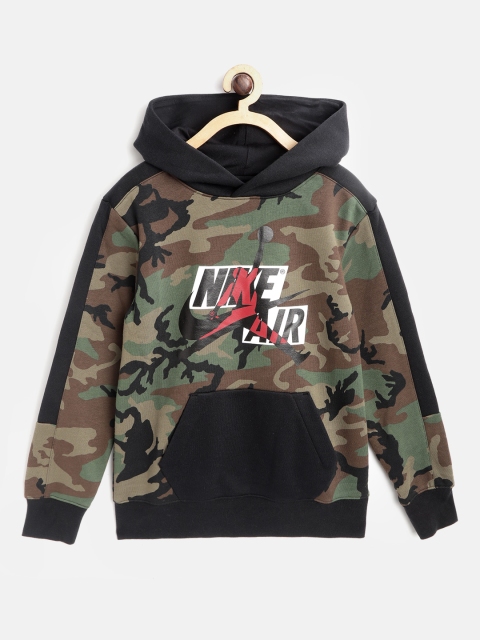 

Jordan Boys Olive Green & Black Camouflage & Jumpman Classics Logo Print Hooded Sweatshirt