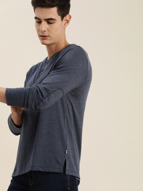 

Invictus Indoor Men Navy Blue Solid Henley Neck T-shirt with Melange Effect