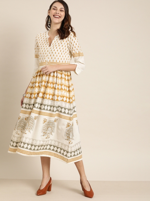 

Taavi Women Off-White & Mustard Browm Tribe Print Pure Cotton A-Line Dress