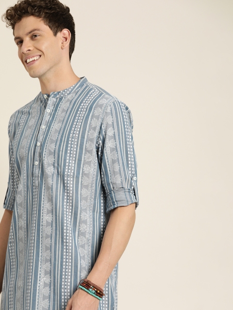 

Taavi Men Blue & Grey Madhubani Printed Straight Kurta with Roll-Up Sleeves