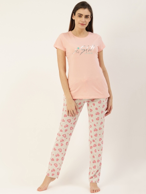 

Sweet Dreams Women Peach-Coloured & Light Grey Melange Heart Print Pure Cotton Night suit