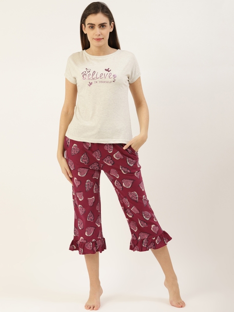 

Sweet Dreams Women Off-White & Burgundy Slogan Print Pure Cotton Night suit