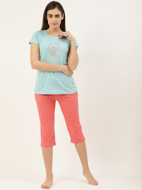 

Sweet Dreams Women Blue & Coral Red Stars Print Pure Cotton Night suit
