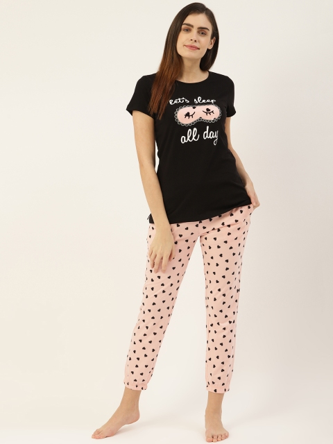 

Sweet Dreams Women Black & Pink Hearts Print Pure Cotton Night suit