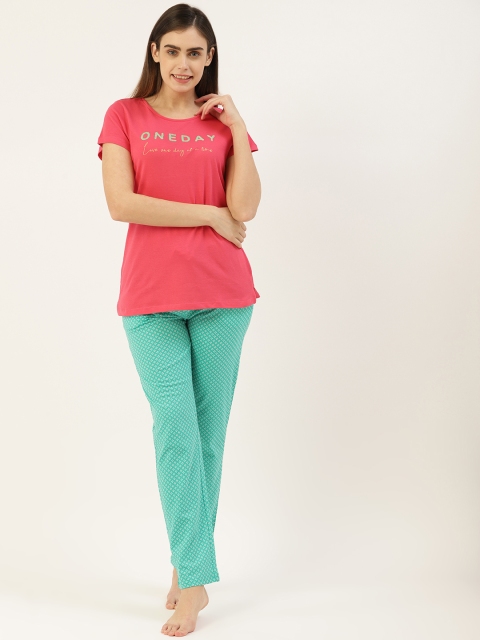 

Sweet Dreams Women Coral Pink & Blue Typography Applique Night suit