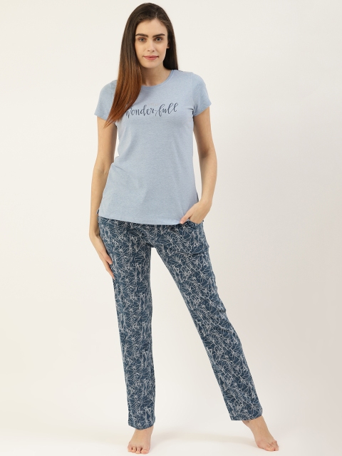 

Sweet Dreams Women Blue & White Floral Print Pure Cotton Night suit