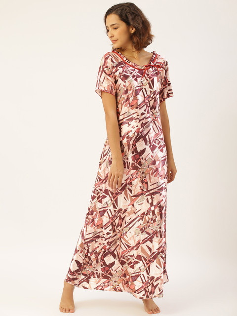 

Sweet Dreams Peach-Coloured & Burgundy Satin Finish Printed Nightdress