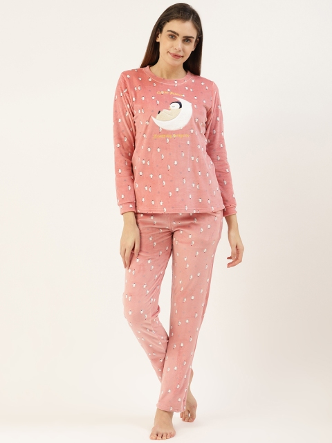 

Sweet Dreams Women Pink & White Penguin Print Velvet Finish Night suit