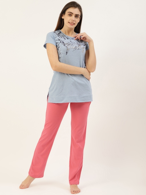

Sweet Dreams Women Blue & Pink Leaf Print Night suit