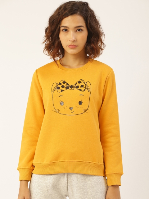 

Sweet Dreams Women Mustard Yellow & Black Kitty Print Sweatshirt