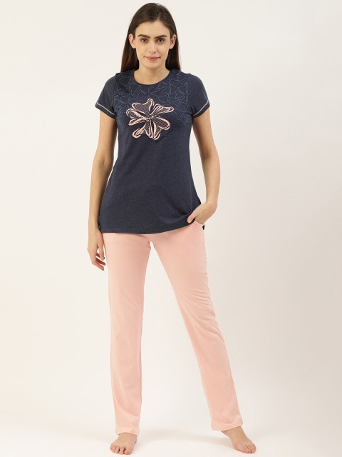 

Sweet Dreams Women Navy Blue & Pink Floral Print Night suit