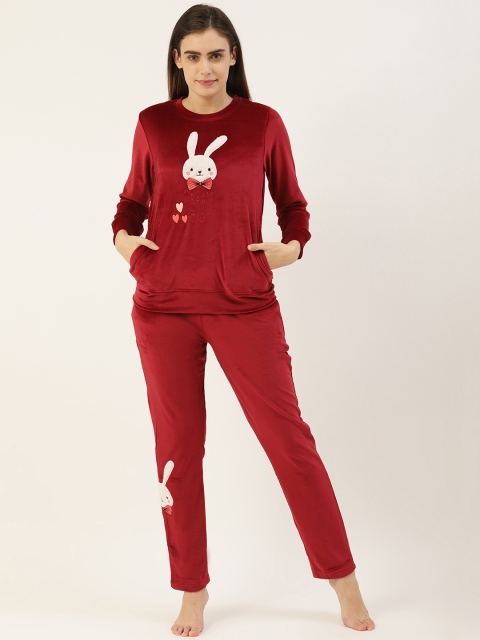 

Sweet Dreams Women Maroon Bunny Design Velvet Finish Night suit